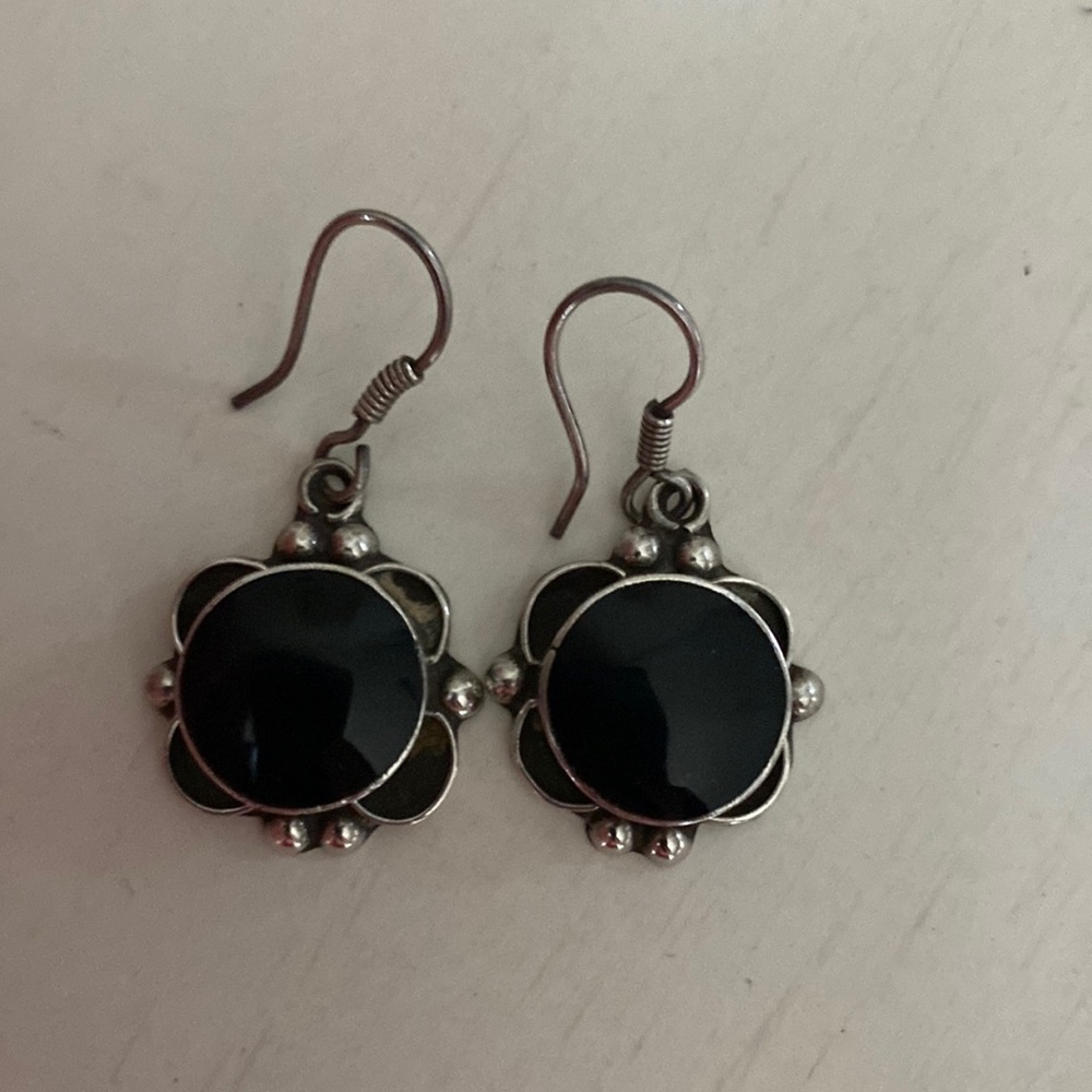 Black Onyx Earrings 925 Silver Shepards Hook - Picture 2 of 4